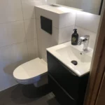 Lite toalettrom med vask og vegghengt toalett